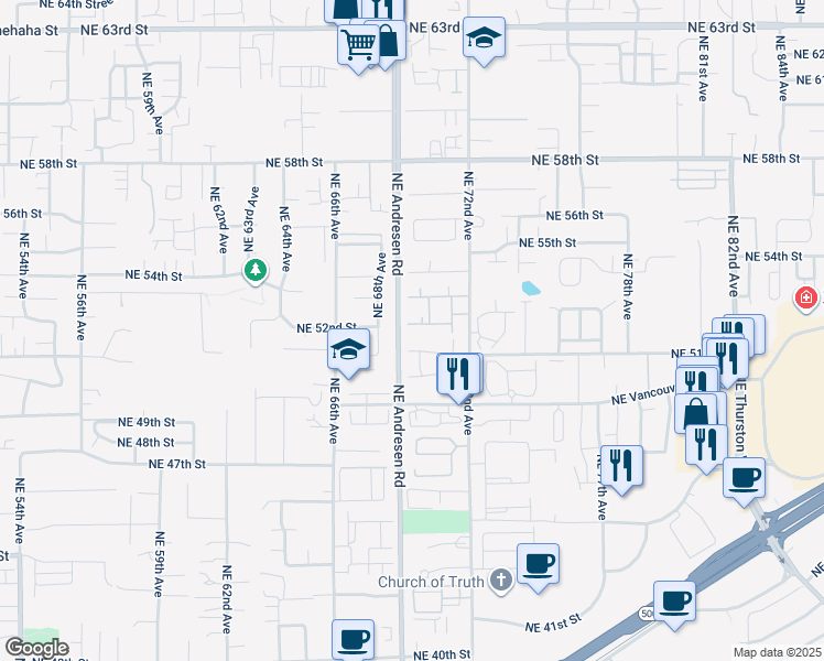 map of restaurants, bars, coffee shops, grocery stores, and more near 5302 Northeast 72nd Avenue in Vancouver