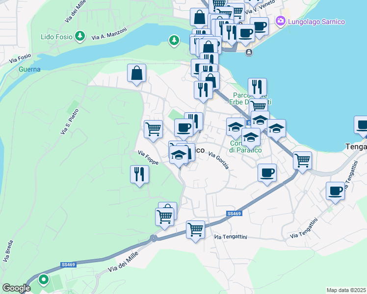 map of restaurants, bars, coffee shops, grocery stores, and more near 3 Via Don G. Moioli in Paratico