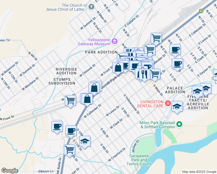 map of restaurants, bars, coffee shops, grocery stores, and more near 407 W Park St in Livingston