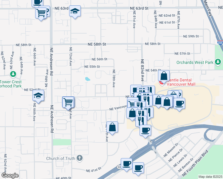 map of restaurants, bars, coffee shops, grocery stores, and more near 5118 Northeast 78th Avenue in Vancouver
