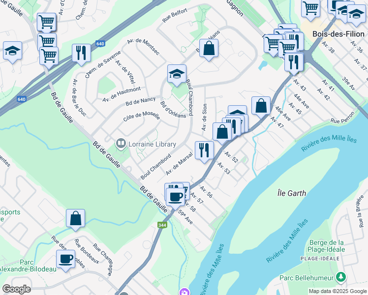 map of restaurants, bars, coffee shops, grocery stores, and more near 34 Boulevard de Chambord in Lorraine