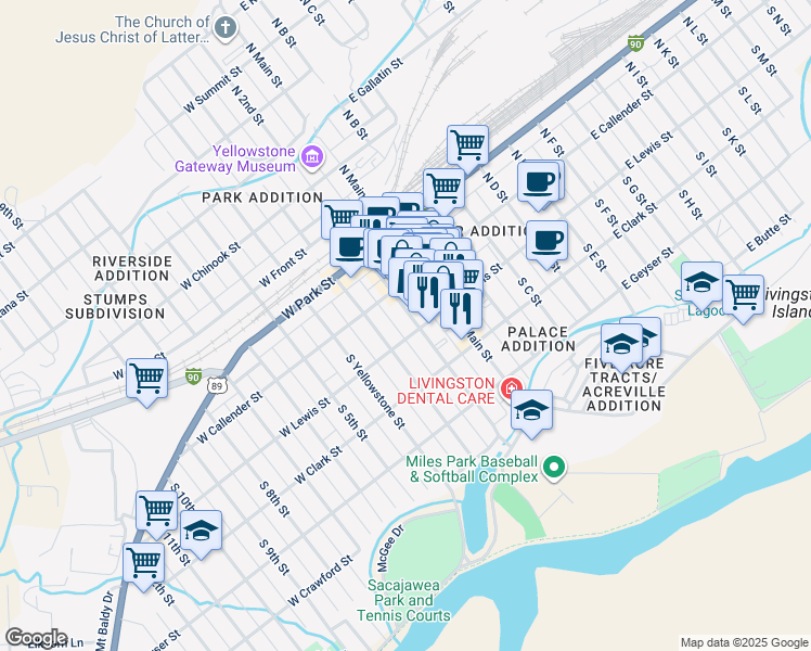 map of restaurants, bars, coffee shops, grocery stores, and more near 126 South 2nd Street in Livingston