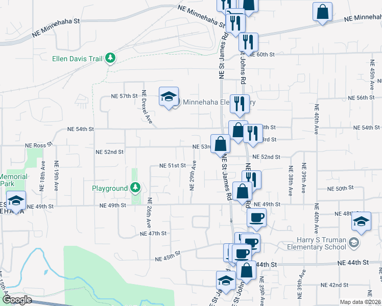 map of restaurants, bars, coffee shops, grocery stores, and more near 2811 Northeast 53rd Street in Vancouver