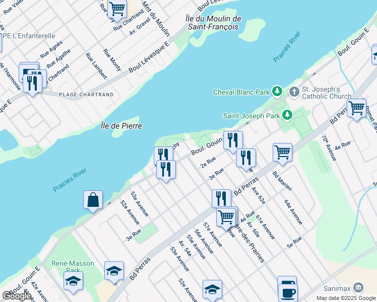 map of restaurants, bars, coffee shops, grocery stores, and more near 9715 Boulevard Gouin Est in Montréal