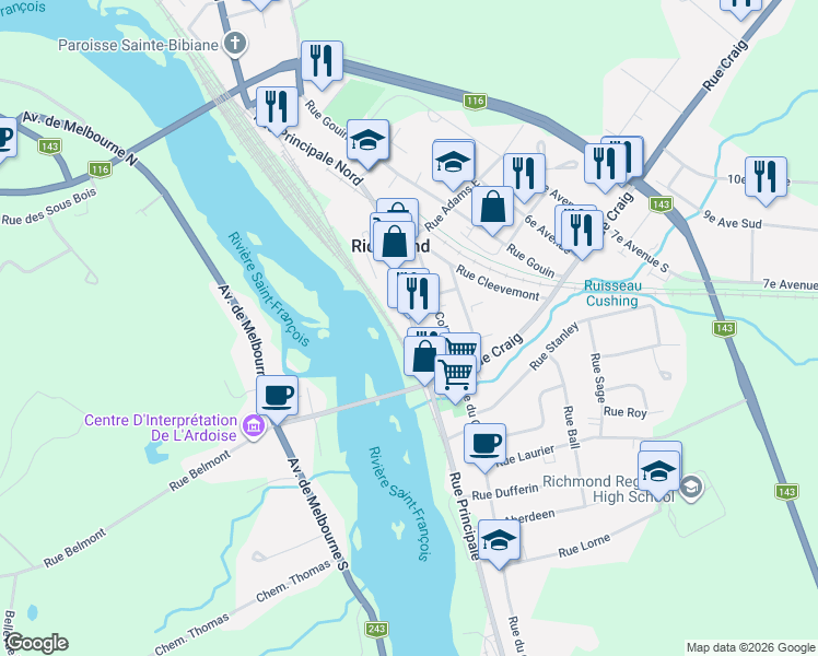 map of restaurants, bars, coffee shops, grocery stores, and more near 171 Rue Principale Sud in Richmond