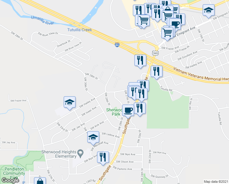 map of restaurants, bars, coffee shops, grocery stores, and more near Southwest 28th Street & Co 1305 Road in Pendleton