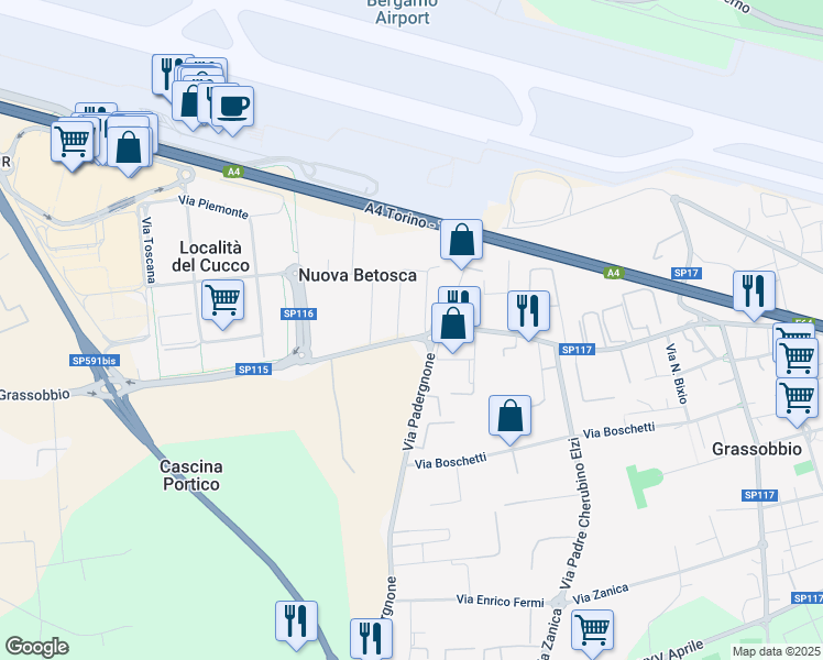 map of restaurants, bars, coffee shops, grocery stores, and more near 22 Via Enrico Fermi in Grassobbio