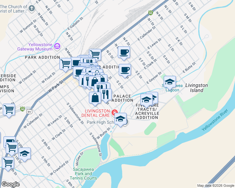 map of restaurants, bars, coffee shops, grocery stores, and more near 213 East Clark Street in Livingston