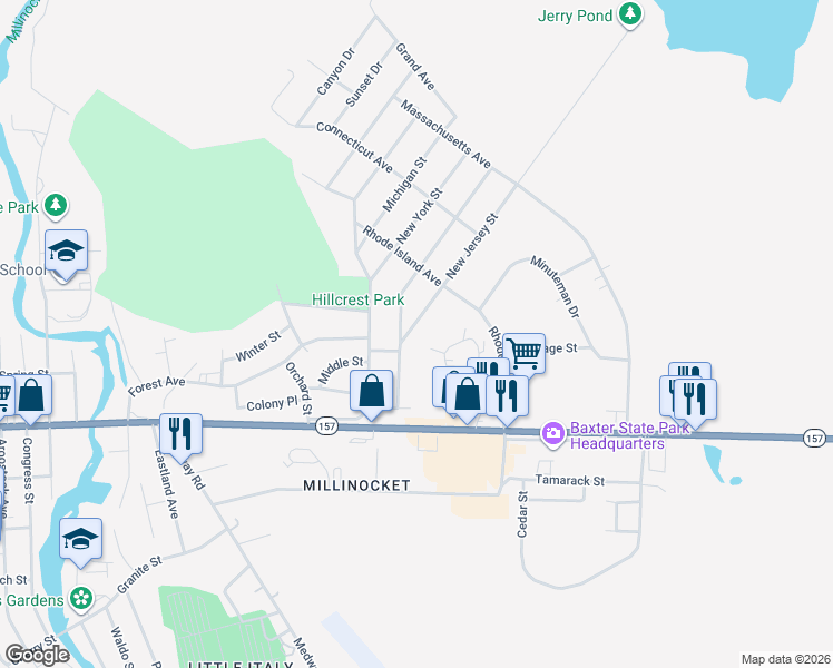 map of restaurants, bars, coffee shops, grocery stores, and more near 15 New Jersey Street in Millinocket