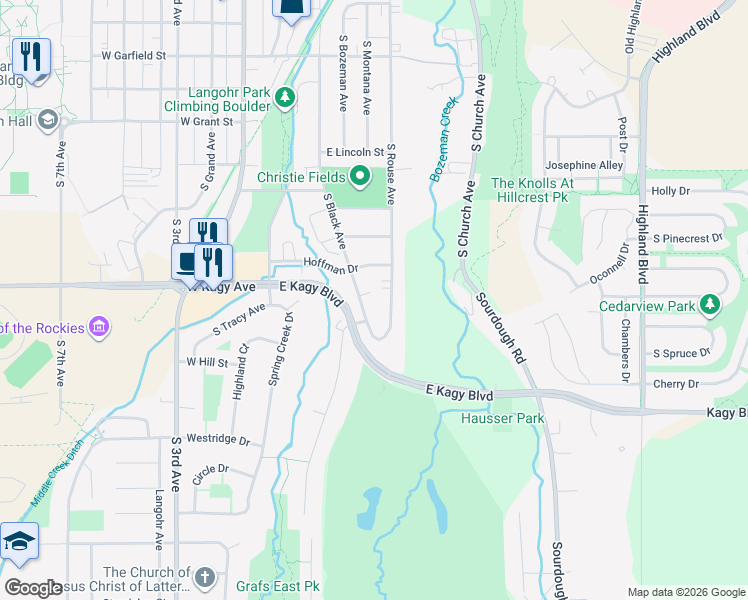 map of restaurants, bars, coffee shops, grocery stores, and more near 1905 South Rouse Avenue in Bozeman