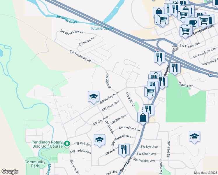 map of restaurants, bars, coffee shops, grocery stores, and more near 604 Southwest Hailey Avenue in Pendleton