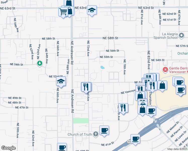 map of restaurants, bars, coffee shops, grocery stores, and more near 5103 Northeast 72nd Avenue in Vancouver