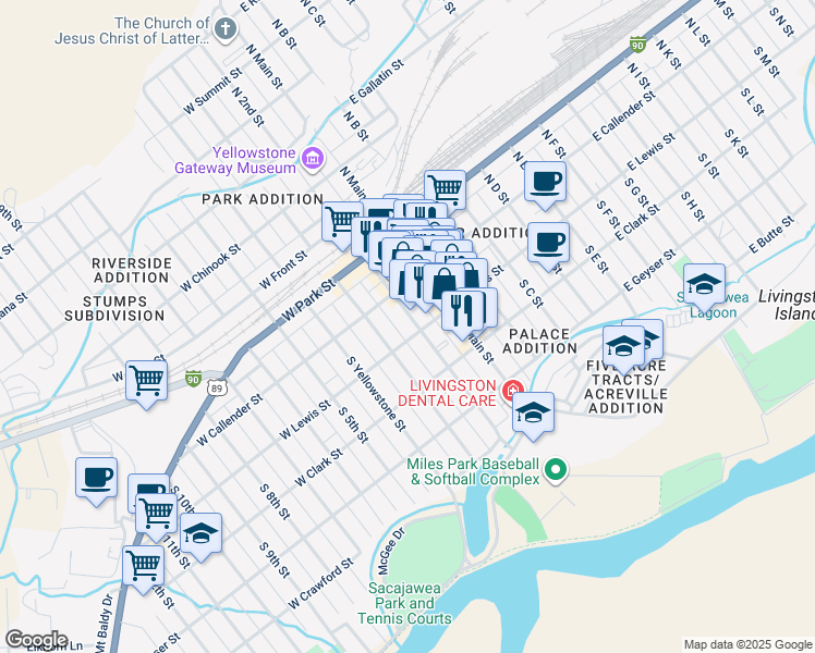 map of restaurants, bars, coffee shops, grocery stores, and more near 126 South 2nd Street in Livingston