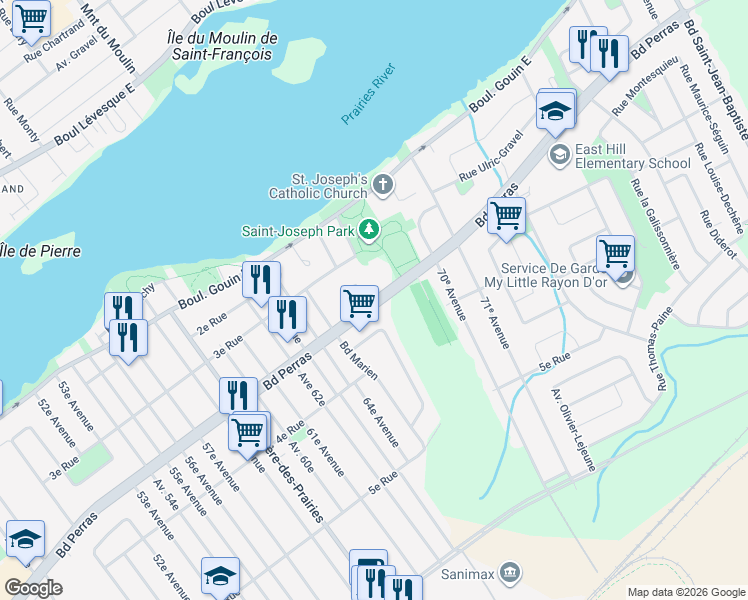 map of restaurants, bars, coffee shops, grocery stores, and more near 9955 Boulevard Perras in Montreal