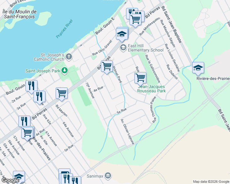 map of restaurants, bars, coffee shops, grocery stores, and more near 10280 Rue Louis-Galipeau in Montréal