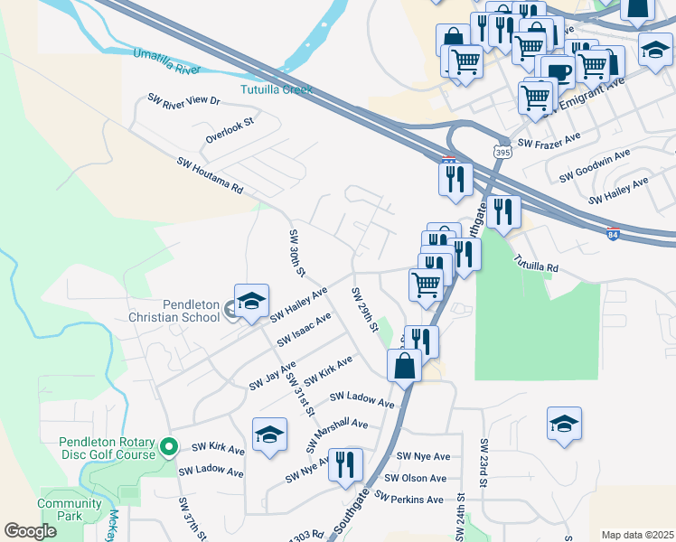 map of restaurants, bars, coffee shops, grocery stores, and more near 634 Southwest Hailey Avenue in Pendleton