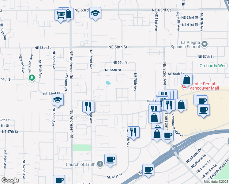 map of restaurants, bars, coffee shops, grocery stores, and more near 5118 Northeast 75th Avenue in Vancouver