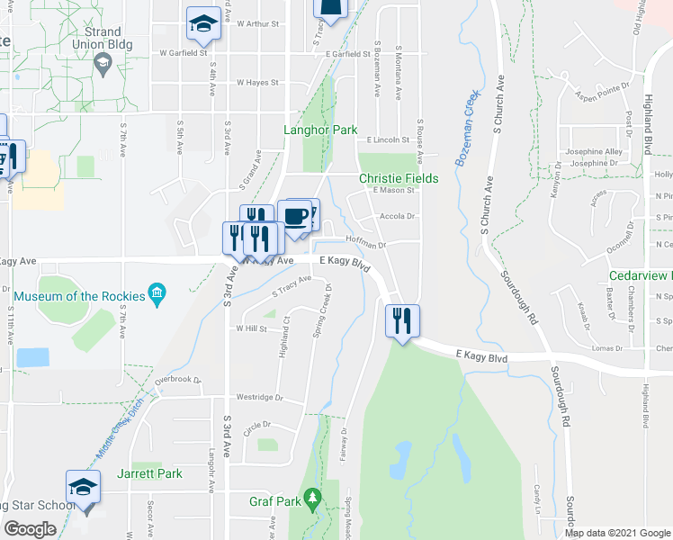 map of restaurants, bars, coffee shops, grocery stores, and more near 1914 Spring Creek Drive in Bozeman