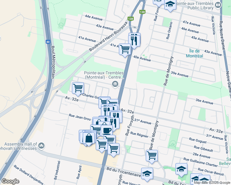 map of restaurants, bars, coffee shops, grocery stores, and more near in Montreal