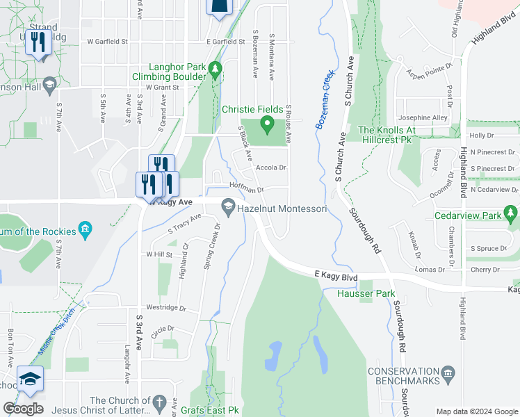 map of restaurants, bars, coffee shops, grocery stores, and more near 1901 South Black Avenue in Bozeman