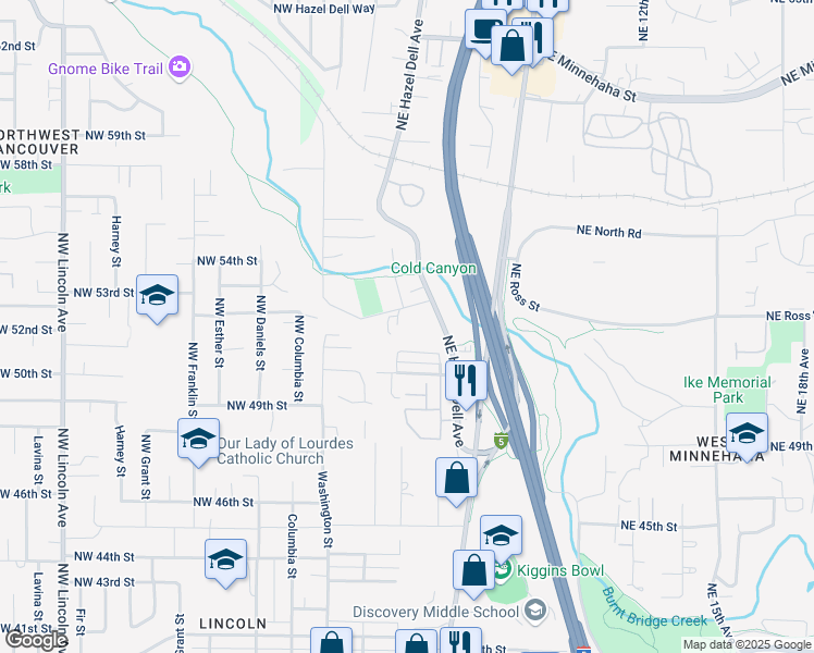 map of restaurants, bars, coffee shops, grocery stores, and more near 5302 Northeast Hazel Dell Avenue in Vancouver