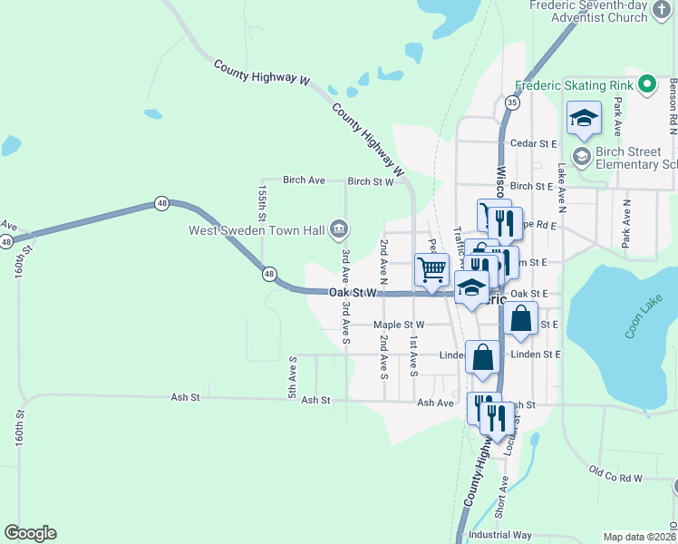 map of restaurants, bars, coffee shops, grocery stores, and more near 600 Oak Street West in Frederic
