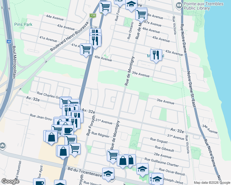 map of restaurants, bars, coffee shops, grocery stores, and more near 1830 36e Avenue in Montréal
