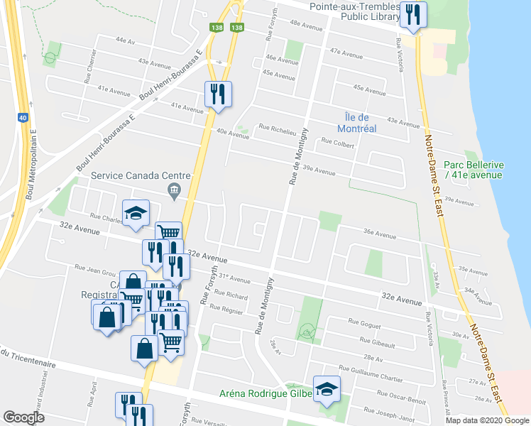 map of restaurants, bars, coffee shops, grocery stores, and more near 1830 36e Avenue in Montréal
