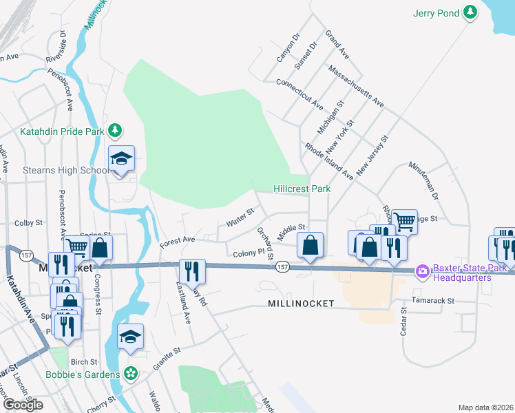 map of restaurants, bars, coffee shops, grocery stores, and more near 6 Winter Street in Millinocket