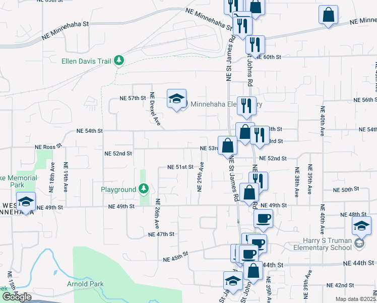 map of restaurants, bars, coffee shops, grocery stores, and more near 2811 Northeast 53rd Street in Vancouver