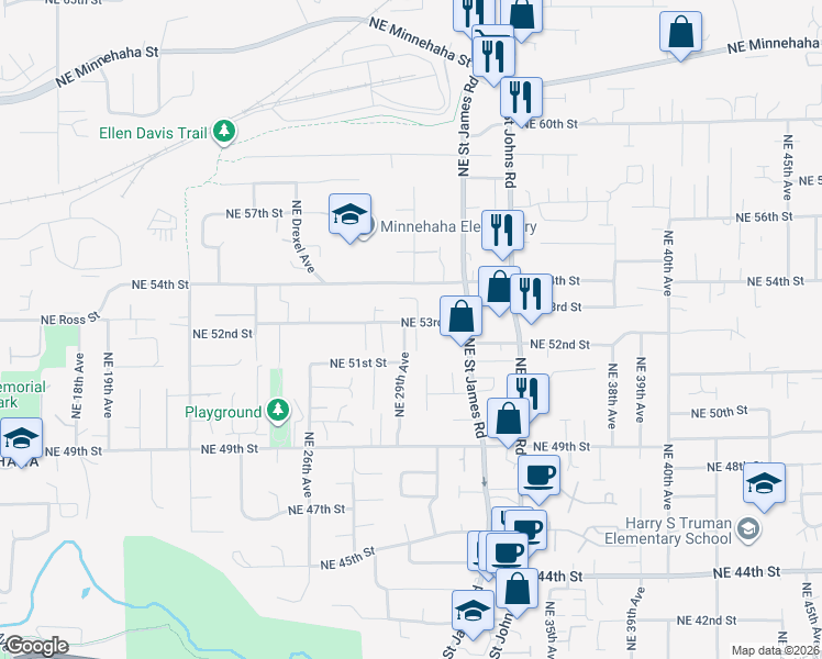 map of restaurants, bars, coffee shops, grocery stores, and more near 3005 Northeast 53rd Street in Vancouver