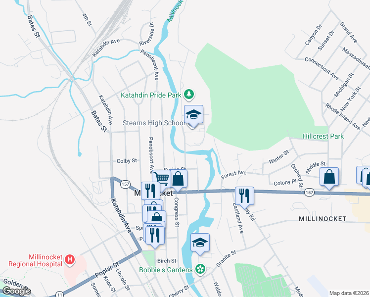map of restaurants, bars, coffee shops, grocery stores, and more near 199 State Street in Millinocket