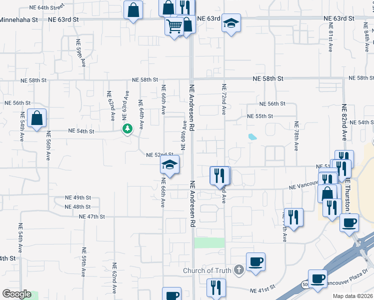 map of restaurants, bars, coffee shops, grocery stores, and more near 5205 Northeast 68th Avenue in Vancouver