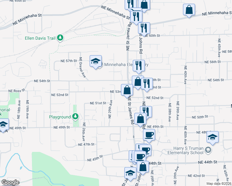 map of restaurants, bars, coffee shops, grocery stores, and more near 3005 Northeast 53rd Street in Vancouver
