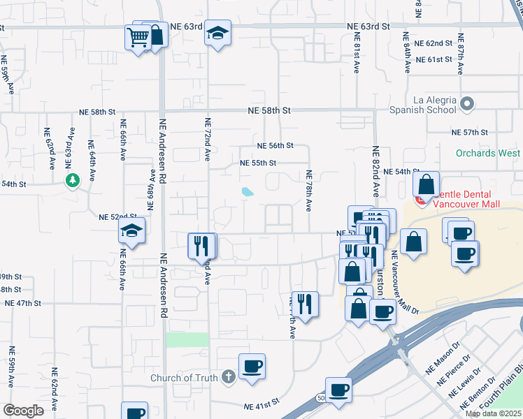 map of restaurants, bars, coffee shops, grocery stores, and more near 5118 Northeast 75th Avenue in Vancouver