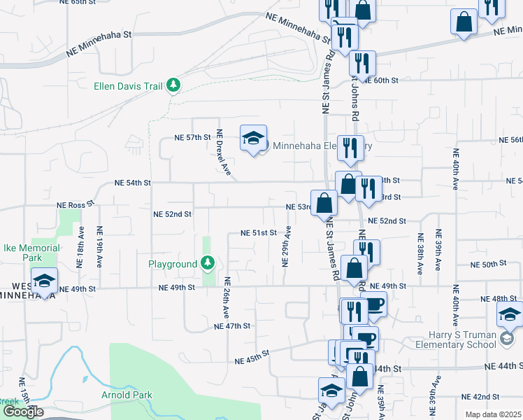 map of restaurants, bars, coffee shops, grocery stores, and more near 2811 Northeast 53rd Street in Vancouver