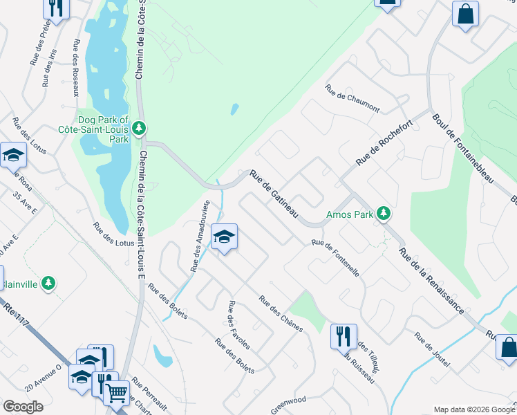 map of restaurants, bars, coffee shops, grocery stores, and more near 26 Rue de Matagami in Blainville