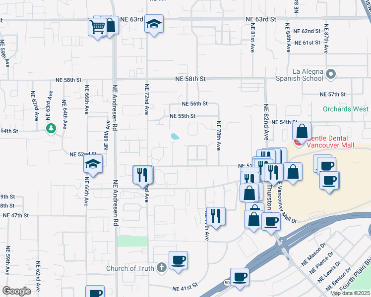 map of restaurants, bars, coffee shops, grocery stores, and more near 5118 Northeast 75th Avenue in Vancouver