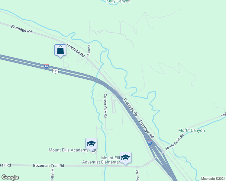 map of restaurants, bars, coffee shops, grocery stores, and more near Interstate 90 in Bozeman