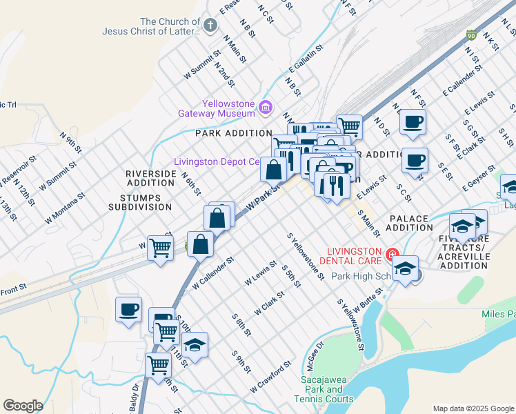 map of restaurants, bars, coffee shops, grocery stores, and more near 407 West Park Street in Livingston