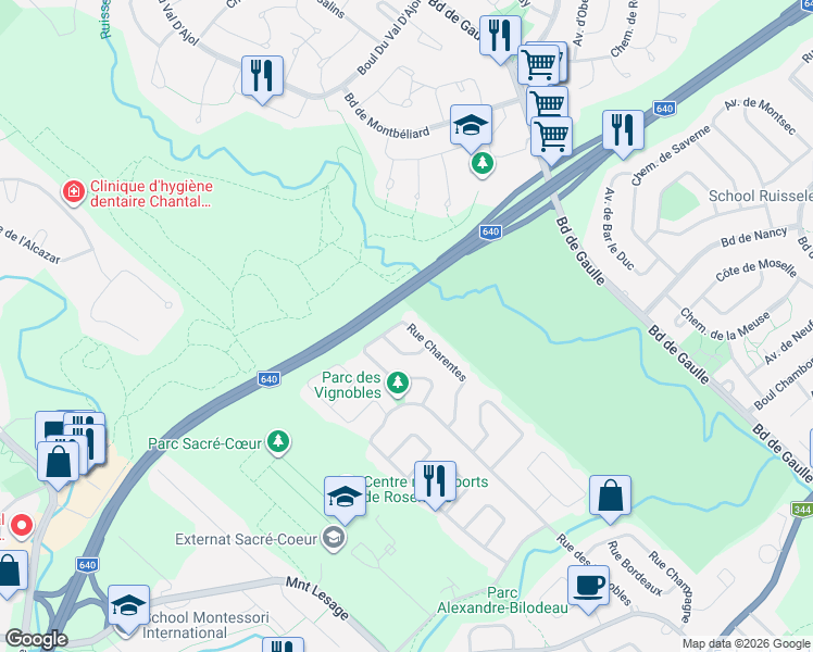 map of restaurants, bars, coffee shops, grocery stores, and more near 636 Rue Charentes in Rosemère