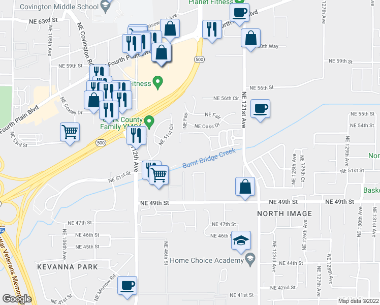 map of restaurants, bars, coffee shops, grocery stores, and more near 5264 Northeast 121st Avenue in Vancouver