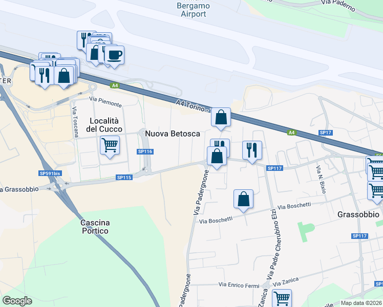 map of restaurants, bars, coffee shops, grocery stores, and more near 6 Via Paleocapa in Bergamo