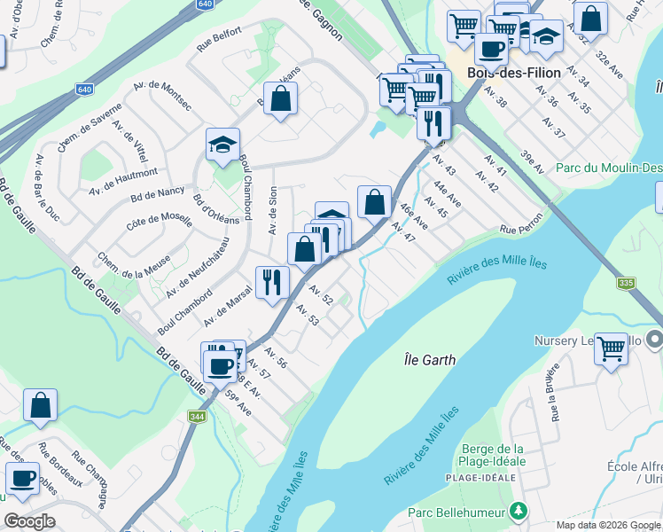 map of restaurants, bars, coffee shops, grocery stores, and more near 566 Boulevard Adolphe-Chapleau in Bois-des-Filion