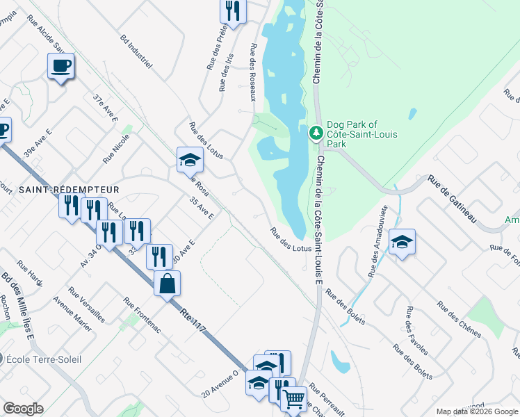 map of restaurants, bars, coffee shops, grocery stores, and more near 1 Rue des Nénuphars in Blainville