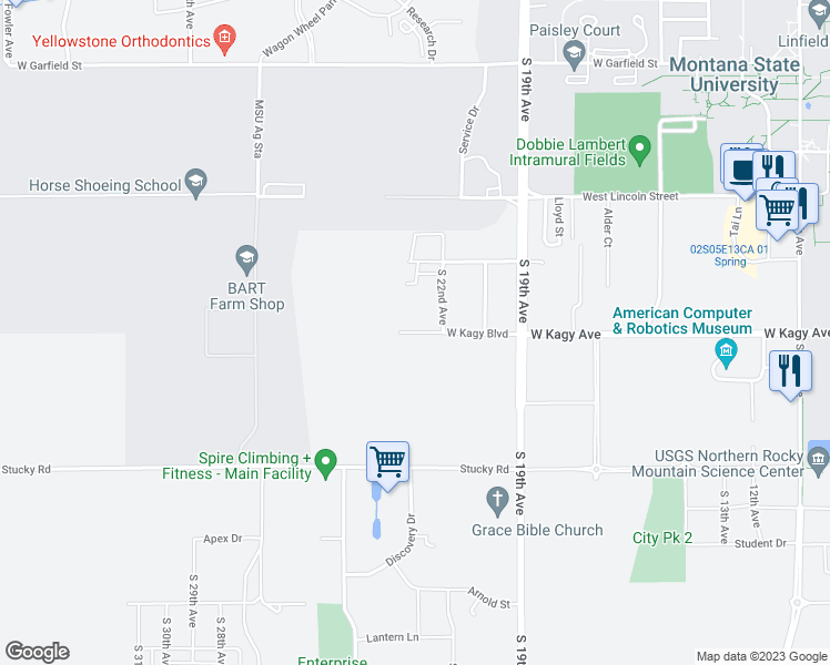 map of restaurants, bars, coffee shops, grocery stores, and more near 1731 West Kagy Boulevard in Bozeman
