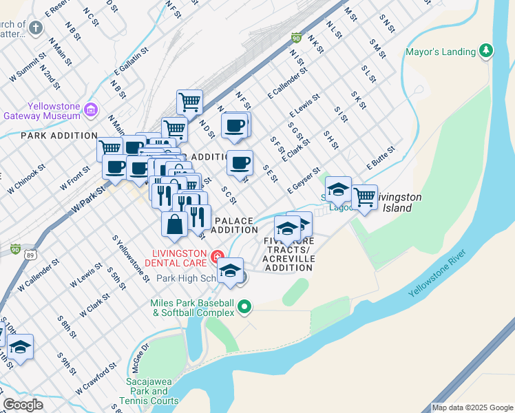 map of restaurants, bars, coffee shops, grocery stores, and more near 311 South C Street in Livingston