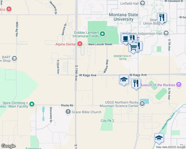 map of restaurants, bars, coffee shops, grocery stores, and more near 1783 West Kagy Boulevard in Bozeman