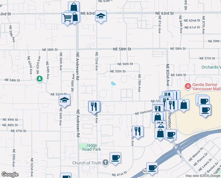 map of restaurants, bars, coffee shops, grocery stores, and more near 5103 Northeast 72nd Avenue in Vancouver