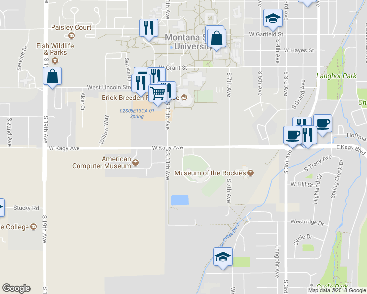 map of restaurants, bars, coffee shops, grocery stores, and more near 1059 West Kagy Boulevard in Bozeman